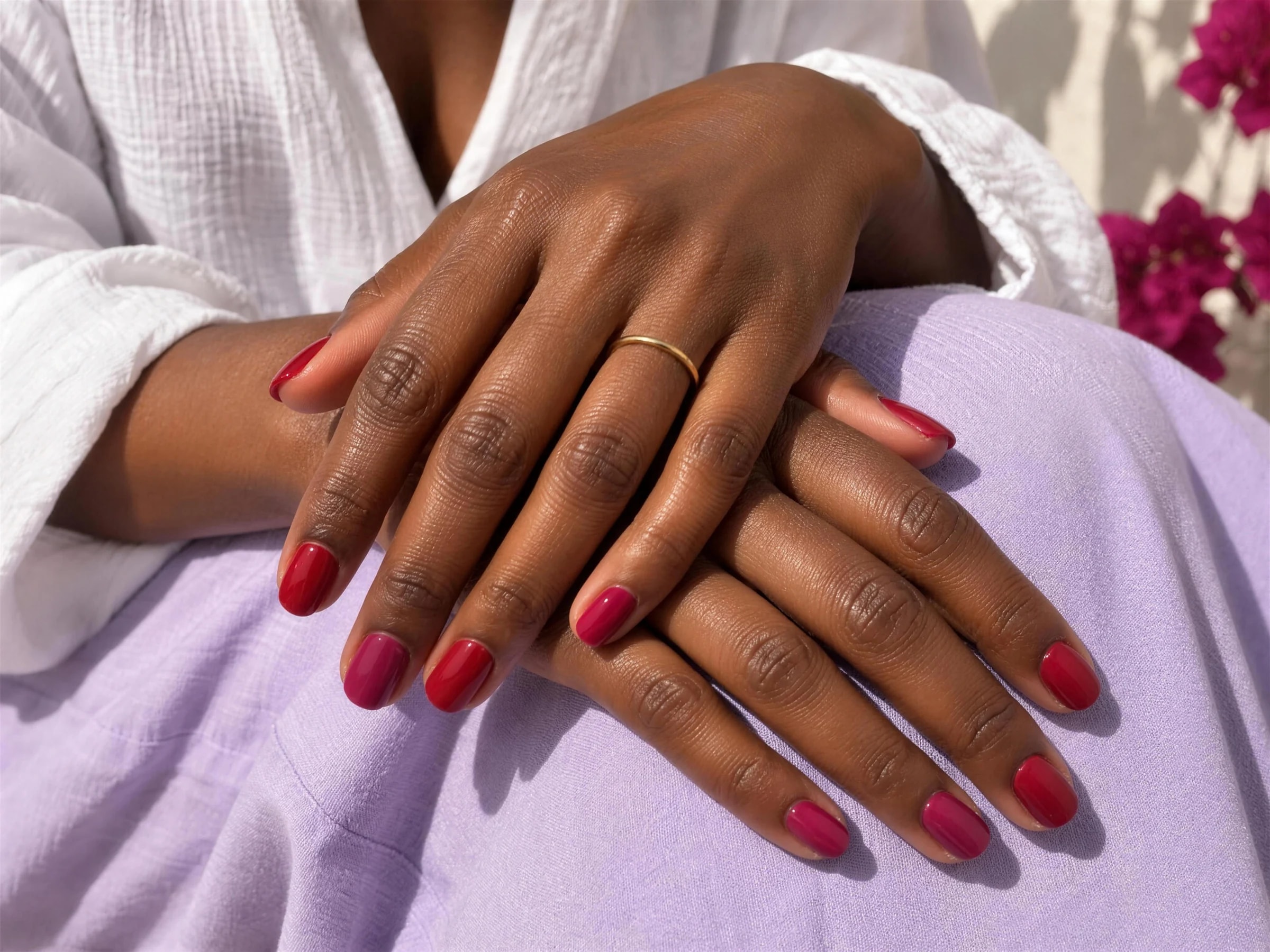 Des mains à la peau foncée avec une manucure rouge cerise.