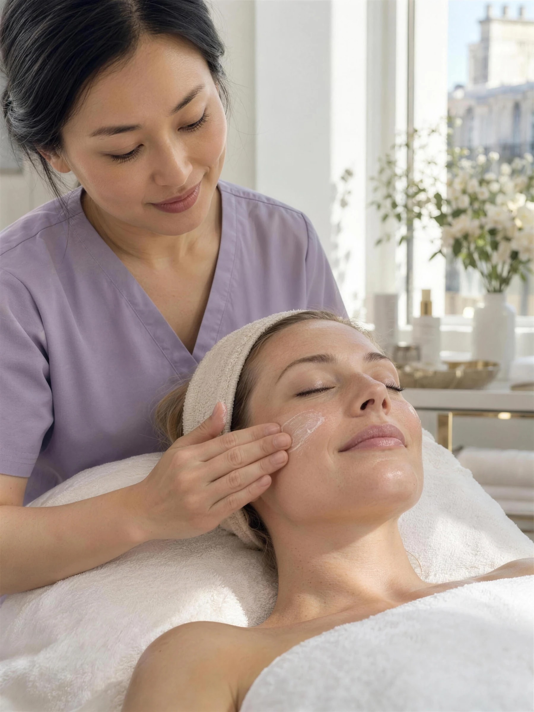 Une professionnelle asiatique réalise un soin du visage sur une cliente à la peau claire.